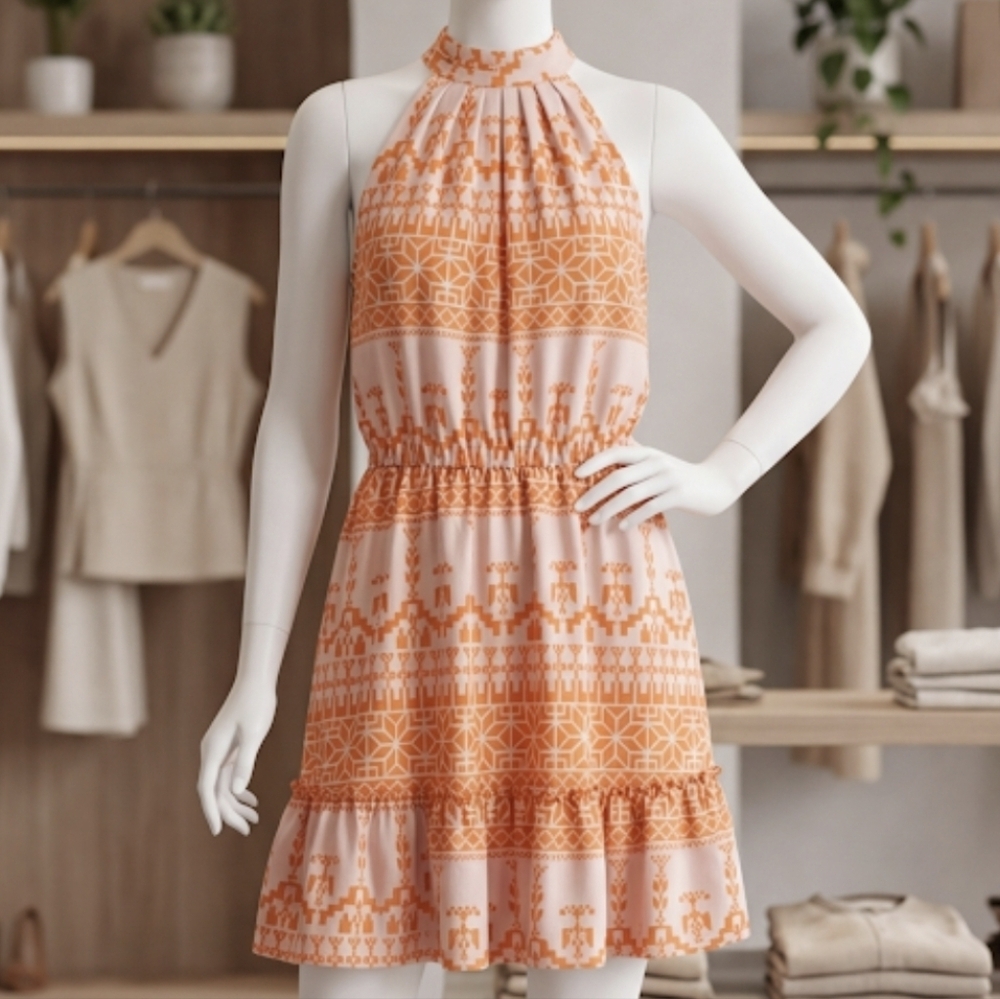 Orange Patterned Halter Dress
